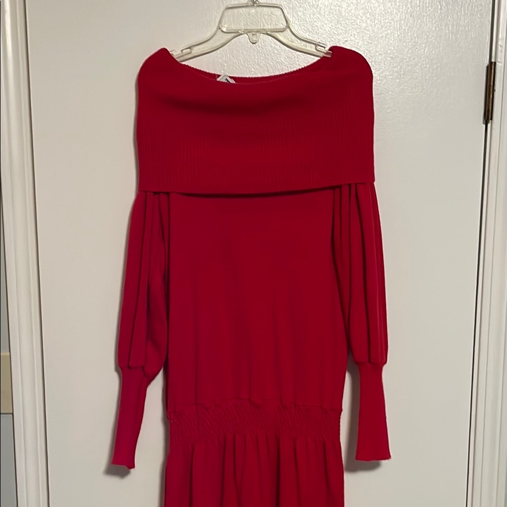 Red Off-Shoulder Maxi Sweater Dress with Bishop Sleeves